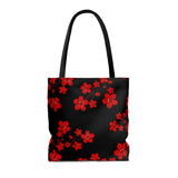 Tote Bag-Red Floral Blossoms-Black