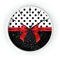 Wall Clock-Glam Red Bow-Black Polka Dots-Black Glitter