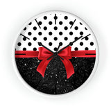 Wall Clock-Glam Red Bow-Black Polka Dots-Black Glitter