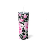 Skinny Tumbler, 20oz-Magenta Pink Floral-White Polka Dots-Black