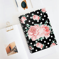 Small Spiral Notebook, 6x8in-Lush Pink Floral-White Polka Dots-Black