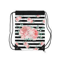 Drawstring Bag-Lush Pink Floral-Black Horizontal Stripes-White