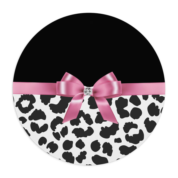 Mouse Pad-Glam Pink Bow-Snow Leopard-Black