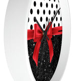 Wall Clock-Glam Red Bow-Black Polka Dots-Black Glitter