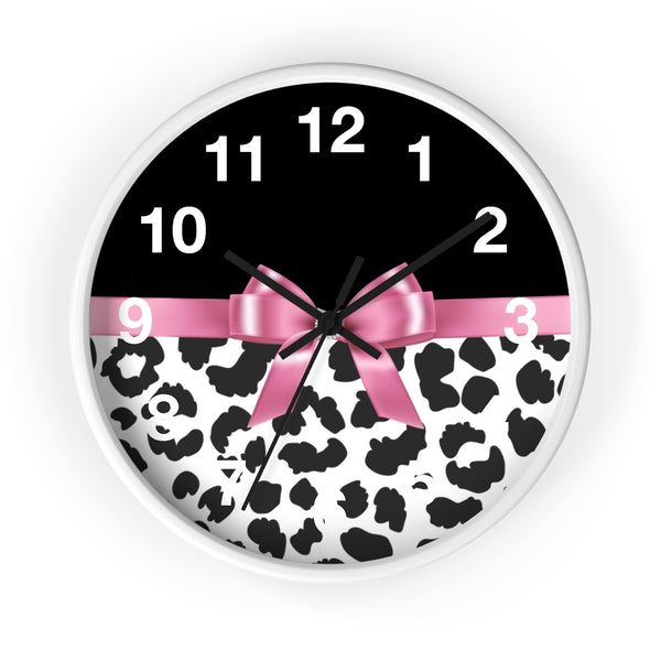 Wall Clock-Glam Pink Bow-Snow Leopard-Black