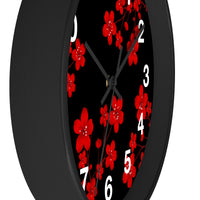 Wall Clock-Red Floral Blossoms-Black