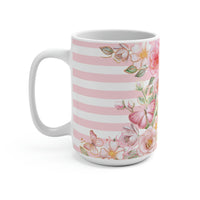 Coffee Mug 15oz-Pink Floral Butterflies-Pink Horizontal Stripes