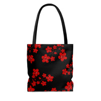 Tote Bag-Red Floral Blossoms-Black