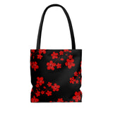 Tote Bag-Red Floral Blossoms-Black