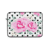 Laptop Sleeve-Magenta Pink Floral-Black Polka Dots-White