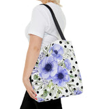 Tote Bag-Soft Blue Floral-Black Polka Dots-White