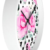 Wall Clock-Magenta Pink Floral-Black Polka Dots-White