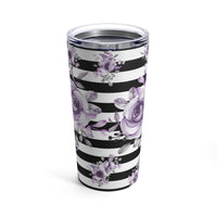 Tumbler 20oz-Soft Purple Floral-Black Horizontal Stripes-White