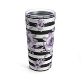 Tumbler 20oz-Soft Purple Floral-Black Horizontal Stripes-White