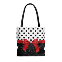 Tote Bag-Glam Red Bow-Black Polka Dots-Black Glitter