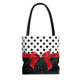 Tote Bag-Glam Red Bow-Black Polka Dots-Black Glitter