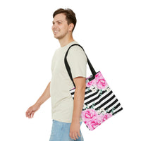 Tote Bag-Magenta Pink-Floral Bash-Black Horizontal Stripes-White