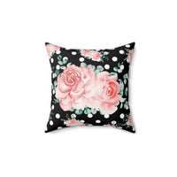 Square Pillow-Lush Pink Floral-White Polka Dots-Black