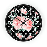 Wall Clock-Lush Pink Floral-White Polka Dots-Black