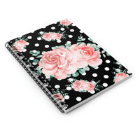 Small Spiral Notebook, 6x8in-Lush Pink Floral-White Polka Dots-Black