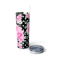 Skinny Tumbler, 20oz-Magenta Pink Floral-White Polka Dots-Black