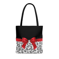 Tote Bag-Glam Red Bow-Grey Leopard-Black