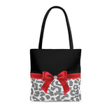 Tote Bag-Glam Red Bow-Grey Leopard-Black