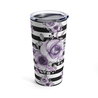 Tumbler 20oz-Soft Purple Floral-Black Horizontal Stripes-White