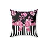 Square Pillow-Glam Pink Bow-Pink Stencil-Black White Pinstripes