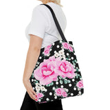 Tote Bag-Magenta Pink Floral-White Polka Dots-Black