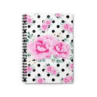 Small Spiral Notebook, 6x8in-Magenta Pink Floral-Black Polka Dots-White