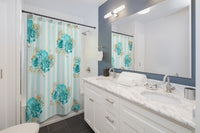 Shower Curtains-Aqua Blue-Floral Pinstripes