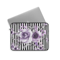 Laptop Sleeve-Soft Purple Floral-Black White Pinstripes