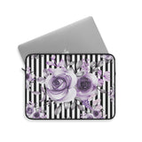 Laptop Sleeve-Soft Purple Floral-Black White Pinstripes