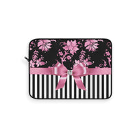 Laptop Sleeve-Glam Pink Bow-Pink Stencil-Black White Pinstripes