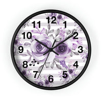 Wall Clock-Soft Purple Floral-Soft Purple Horizontal Stripes-White