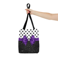 Tote Bag-Glam Purple Bow-Black Polka Dots-Black Glitter