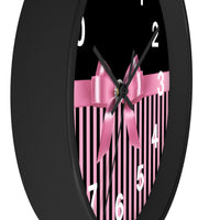 Wall Clock-Glam Pink Bow-Pink Black Pinstripes-Black