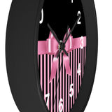 Wall Clock-Glam Pink Bow-Pink Black Pinstripes-Black