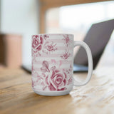 Coffee Mug 15oz-Soft Pink Floral Mauve-Horizontal Stripes-White
