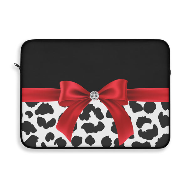 Laptop Sleeve-Glam Red Bow-Snow Leopard-Black