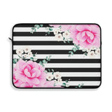 Laptop Sleeve-Magenta Pink-Floral Bash-Black Horizontal Stripes-White