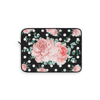 Laptop Sleeve-Lush Pink Floral-White Polka Dots-Black