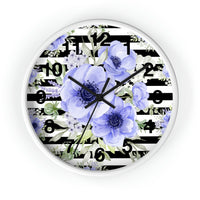 Wall Clock-Soft Blue Floral-Black Horizontal Stripes-White