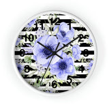 Wall Clock-Soft Blue Floral-Black Horizontal Stripes-White