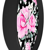 Wall Clock-Magenta Pink Floral-White Polka Dots-Black