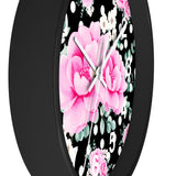 Wall Clock-Magenta Pink Floral-White Polka Dots-Black