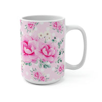 Coffee Mug 15oz-Magenta Pink Floral-White Polka Dots-Pink