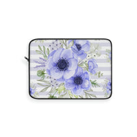 Laptop Sleeve-Soft Blue Floral-Soft Blue Horizontal Stripes-White