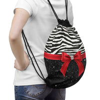 Drawstring Bag-Glam Red Bow-Zebra-Black Glitter